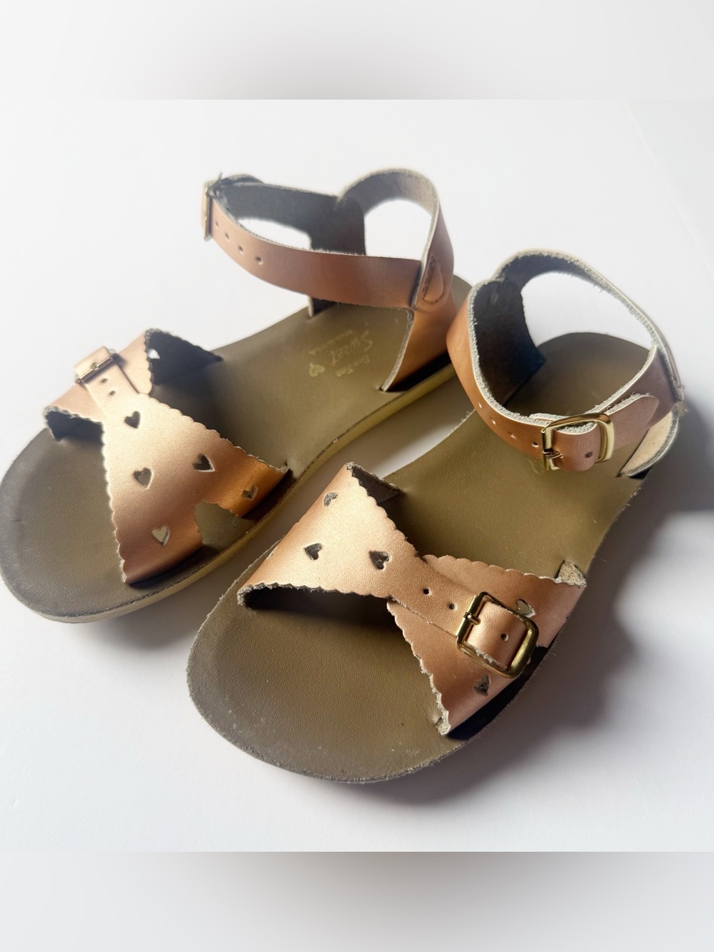 Sun San Sweetheart Metallic Rose Gold Heart-Accent Ankle Strap Sandals size 1